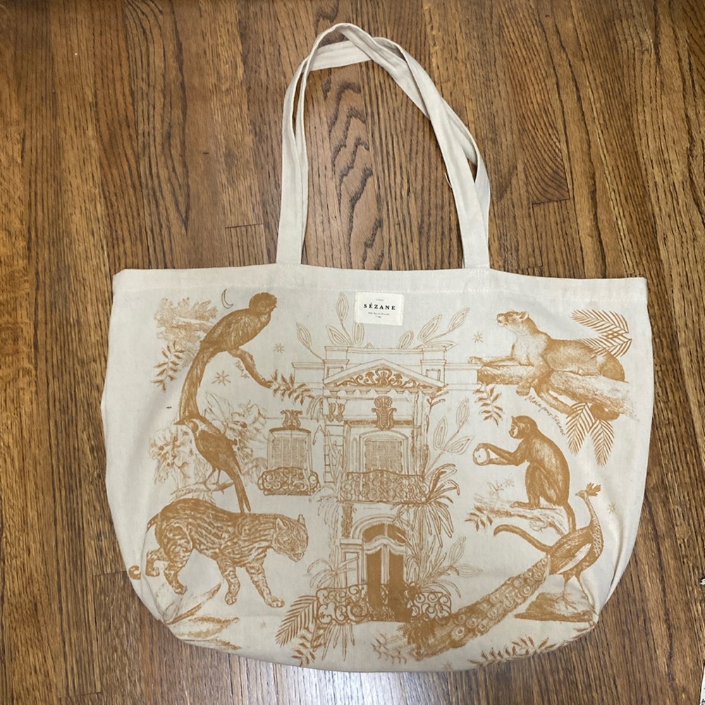 Sezane Exotic Gold Yellow Cotton Graphic Flat Bottom Tote